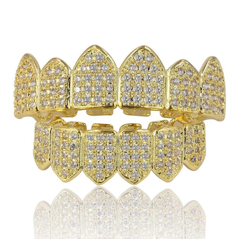 JINAO Grillz Diamond Grills for Your Teeth for Men Women 18K Gold Plated Iced Out Macro Pave Cubic Zirconia Mouth Grill with Extra Molding Bars Included(Gold Set) - Image 1
